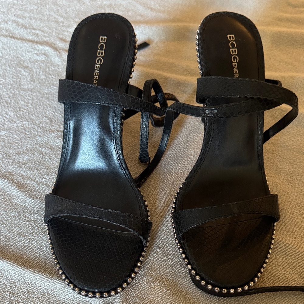BCBGeneration Black Strappy Heels with Rhinestones